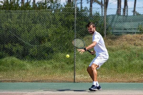 Tennis Player Hitting Forehand Ball Racket Court — Stock Photo, Image