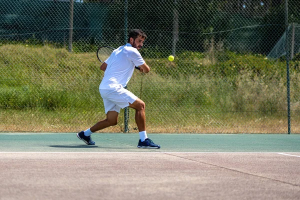 Tennis Player Hitting Backhand Ball Racket Court — Stock Photo, Image