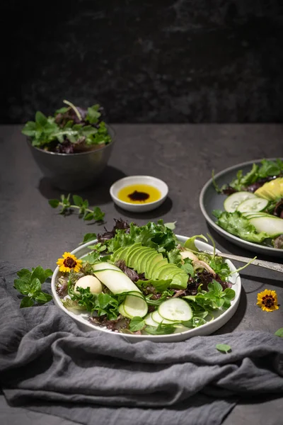 Fresh Summer Salad Cucumber Melon Avocado Fresh Oregano Served Ceramic — Stock fotografie