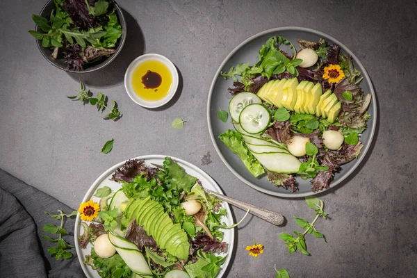 Fresh Summer Salad Cucumber Melon Avocado Fresh Oregano Served Ceramic — Stock fotografie