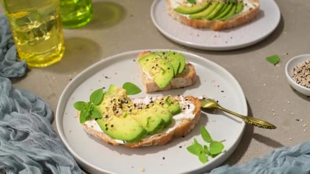 Healthy Toast Avocado Cream Cheese Wheat Bread Plate Delicious Snacks — Stock videók