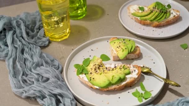 Healthy Toast Avocado Cream Cheese Wheat Bread Plate Delicious Snacks — Stock video