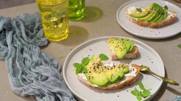 Healthy Toast Avocado Cream Cheese Wheat Bread Plate Delicious Snacks — Stock videók