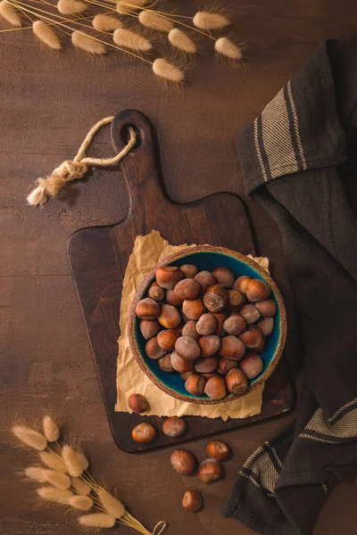 Hazelnuts Ceramic Bowl Rustic Kitchen Countertop — Zdjęcie stockowe