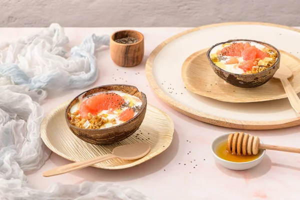 Yogurt Grapefruit Granola Chia Honey Served Half Coconut Shell Rose — kuvapankkivalokuva