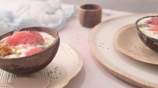 Yogurt Grapefruit Granola Chia Honey Served Half Coconut Shell Rose — Stock video