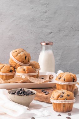 Chocolate chip muffins with milk served on glass bottles on white kitchen countertop.