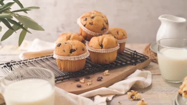 Chocolate Chip Muffins Milk Served Glass Cups White Kitchen Countertop — 비디오