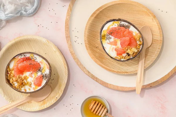 Yogurt Grapefruit Granola Chia Honey Served Half Coconut Shell Rose — Stockfoto