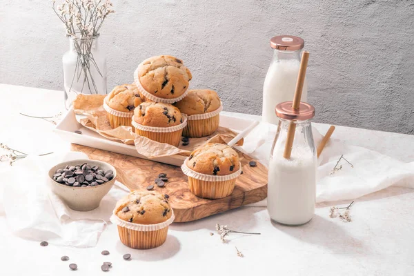 Chocolate Chip Muffins Milk Served Glass Bottles White Kitchen Countertop – stockfoto