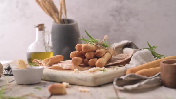 Traditional Italian Breadsticks Grissini Rosemary Olive Oil Sesame Seeds Wooden — Video Stock