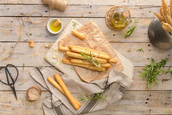 Traditional Italian Breadsticks Grissini Rosemary Olive Oil Sesame Seeds Wooden — Photo