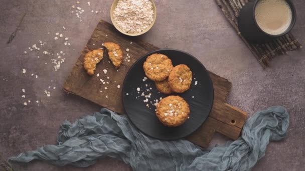 Homemade Oatmeal Raisin Cookies Cup Cappuccino Rustic Background — Stok video