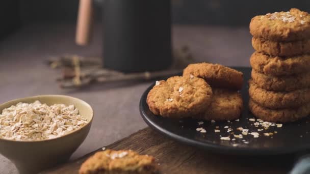 Homemade Oatmeal Raisin Cookies Cup Cappuccino Rustic Background — Videoclip de stoc