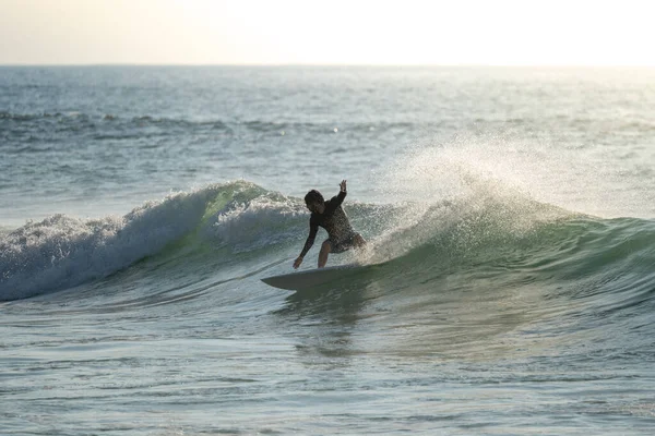 Surfer Riding Waves Short Board Furadouro Beach Portugal Men Catching — Stock Photo, Image