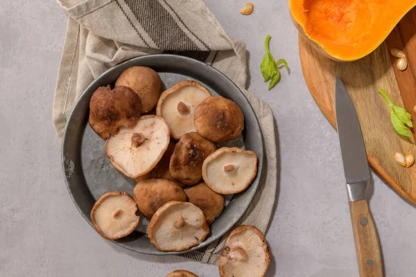 Autumn Vegetables Arranged Kitchen Worktop While Preparing Pumpkin Soup — Stock Photo, Image