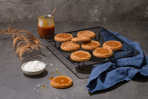 Caramel Cookies Flowing Out Oven Kitchen Baking — Stock Photo, Image
