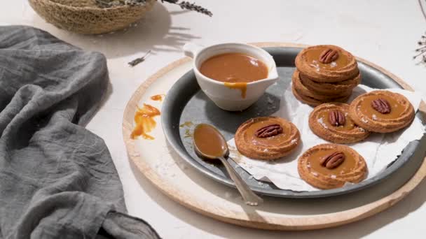 Caramel Cookies Pecan Nuts Served Roud Plates Kitchen Baking — Stock Video