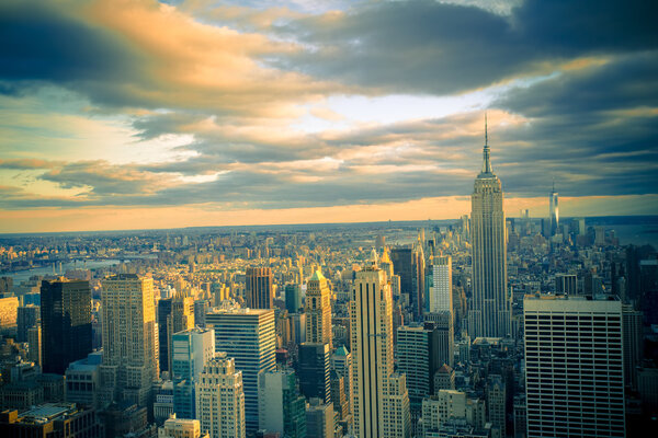 New York City skyline under sunset evening sky