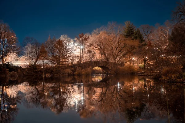 橋や湖と夜に見られるニューヨーク市のセントラルパーク — ストック写真