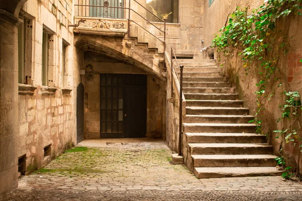 Patio Europeo Con Arquitectura Antigua Piedra Escaleras Puerta Entrada Con — Foto de Stock