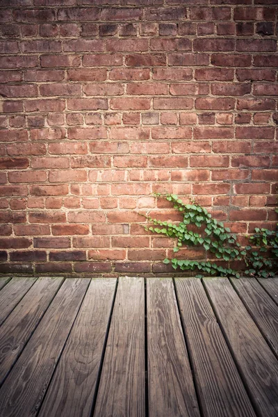 Backdrop Image Brick Exterior Wall Wood Floor Creepy Green Ivy — Foto Stock