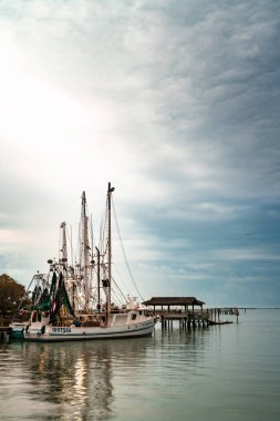 Charleston, Güney Carolina - 18 Mart 2022 Charleston kıyısı boyunca karides tekneleri ve balıkçı limanı manzarası. 