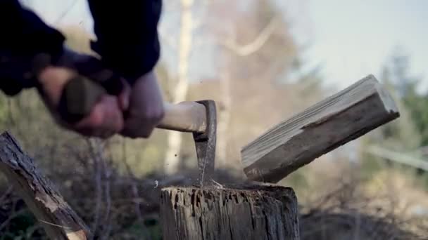 Man Chopping Wood Axe High Quality Fullhd Footage — Stockvideo