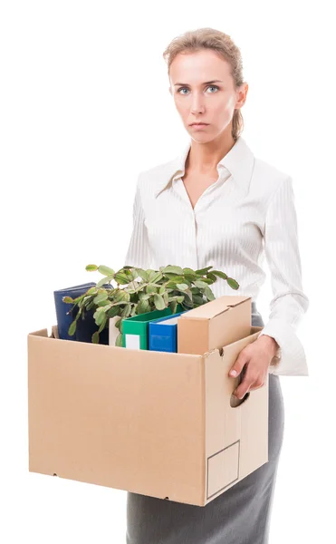 Portrait of business woman holding a box with her belongings — Stock Photo, Image