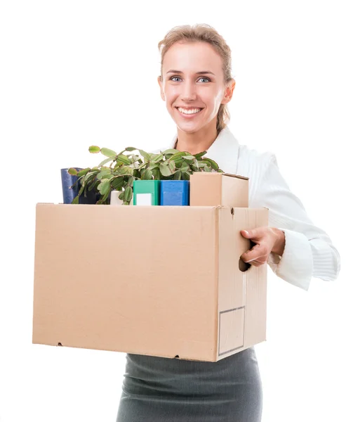 Portrait of business woman holding a box with her belongings — Stock Photo, Image