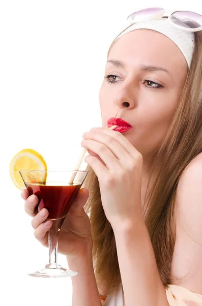 Caucasian woman drinks unrecognizable cocktail — Stock Photo, Image