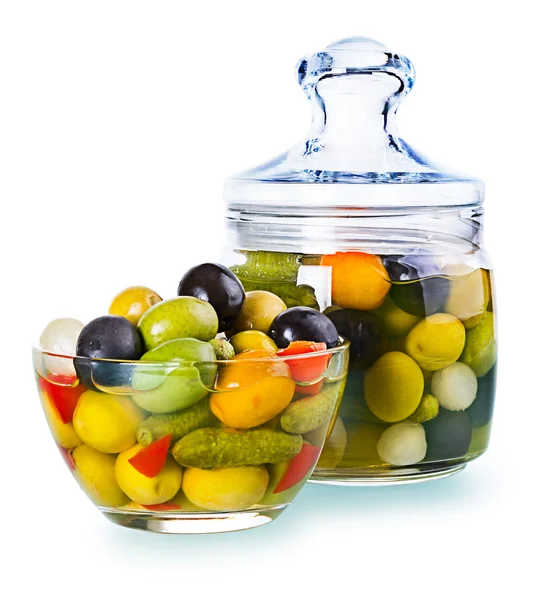 Assorted olives in a glass , Preserved vegetables composition — Stock Photo, Image