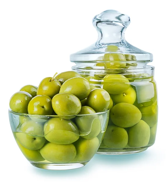 Oliven im Glas, konservierte Gemüsekomposition — Stockfoto