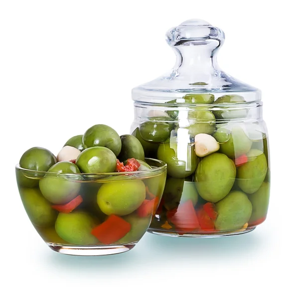 Olives in a glass , Preserved vegetables composition — Stock Photo, Image