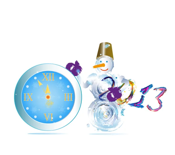 Snowman and new yeas clock — Stock Photo, Image