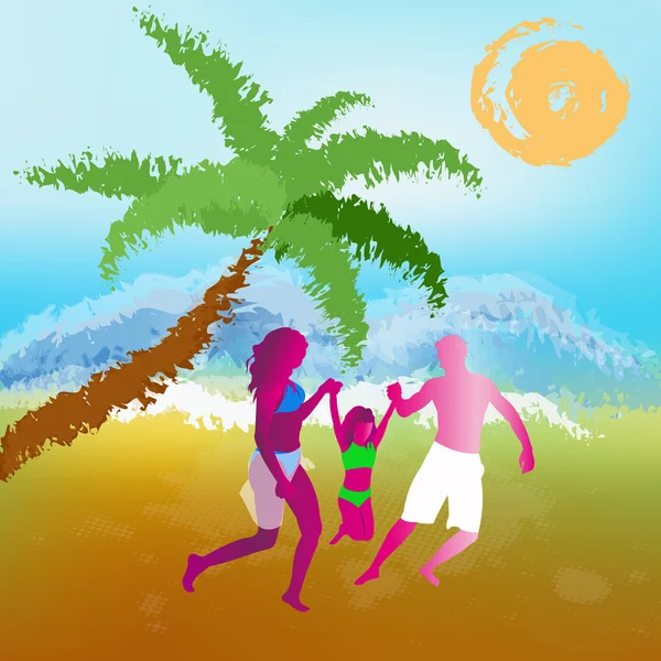 Happy Family riposo su esotici tropicale island.Abstract estate background.Vector — Vettoriale Stock