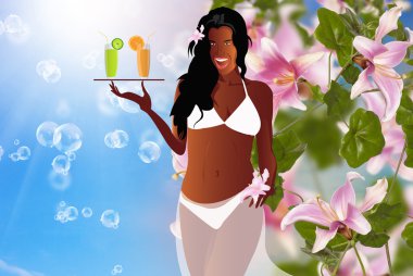 seksi kadın creole ve taze suyu portakal ve limon egzotik doğa