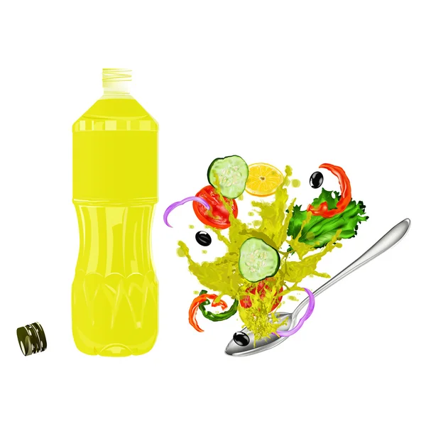 Verse vegetarische plantaardige salade en natuurlijke olijfolie — Stockfoto