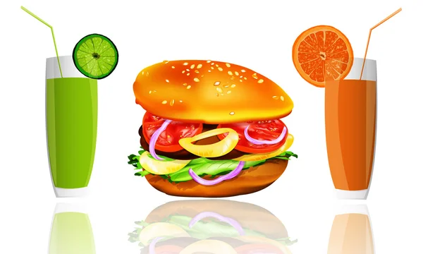 ハンバーガーと新鮮なフルーツ ジュース — ストック写真
