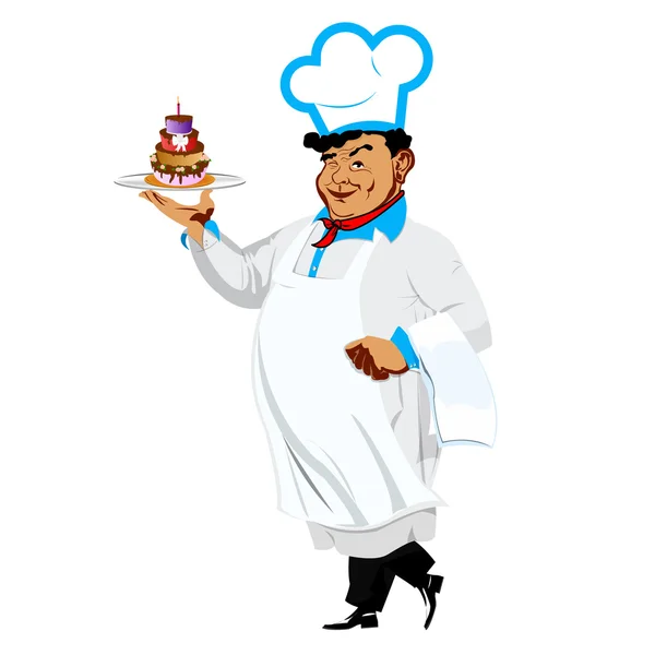 Lustiger Koch mit süßem Dessert auf weißem Hintergrund — Stockfoto