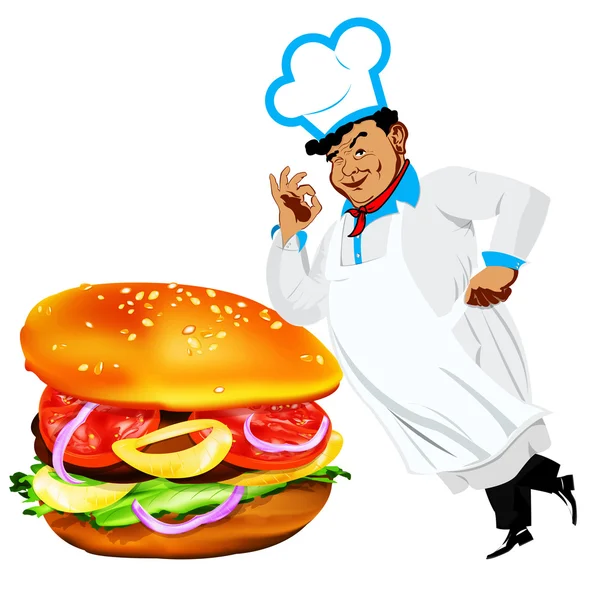 Chef engraçado e hambúrguer fresco em um branco — Fotografia de Stock