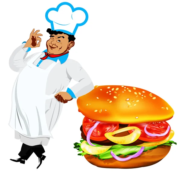 Chef drôle et hamburger frais sur fond blanc — Photo