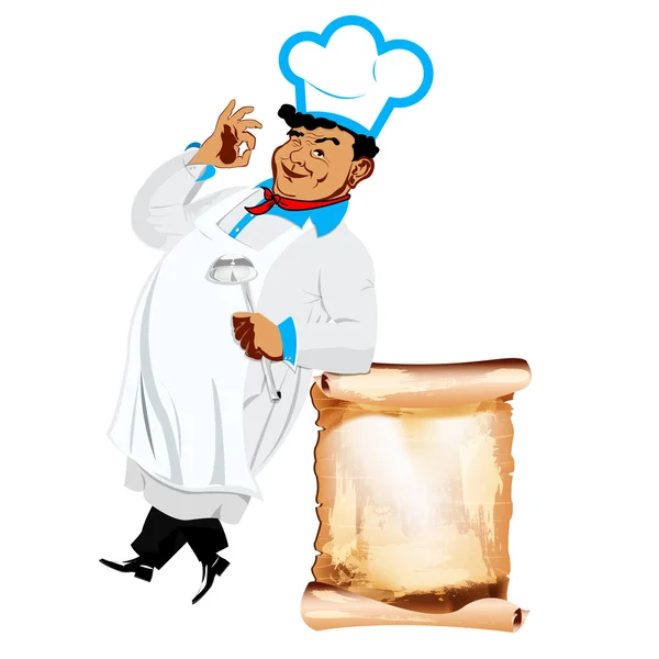 Смешно счастливый шеф-повар и меню на белом фоне — стоковое фото
