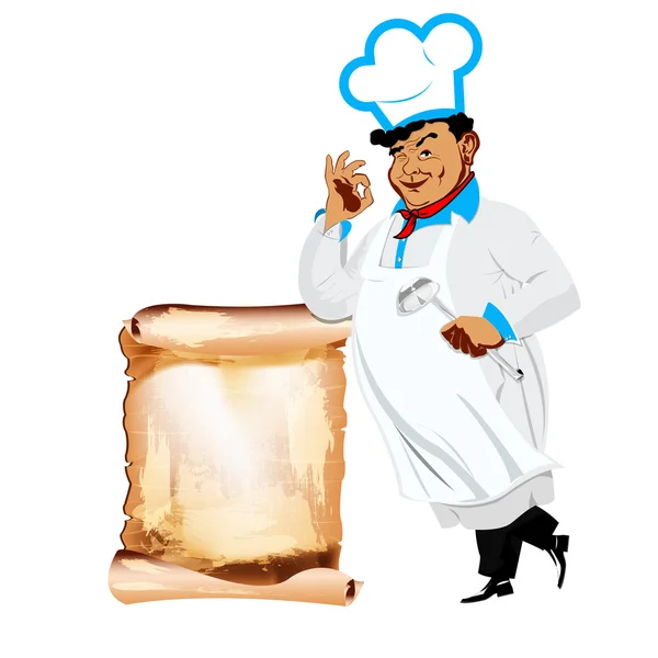 Chef feliz divertido y menú sobre un fondo blanco —  Fotos de Stock