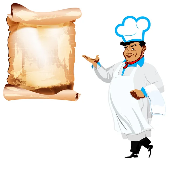 Grappige gelukkig chef-kok en menu op een witte achtergrond — Stockfoto