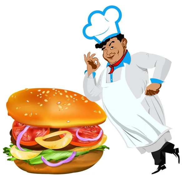 Chef drôle et hamburger frais sur un fond blanc. Vecteur — Image vectorielle