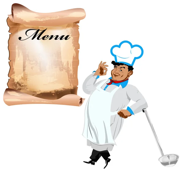 Lustig glücklicher Koch und Menü auf weißem Hintergrund — Stockvektor