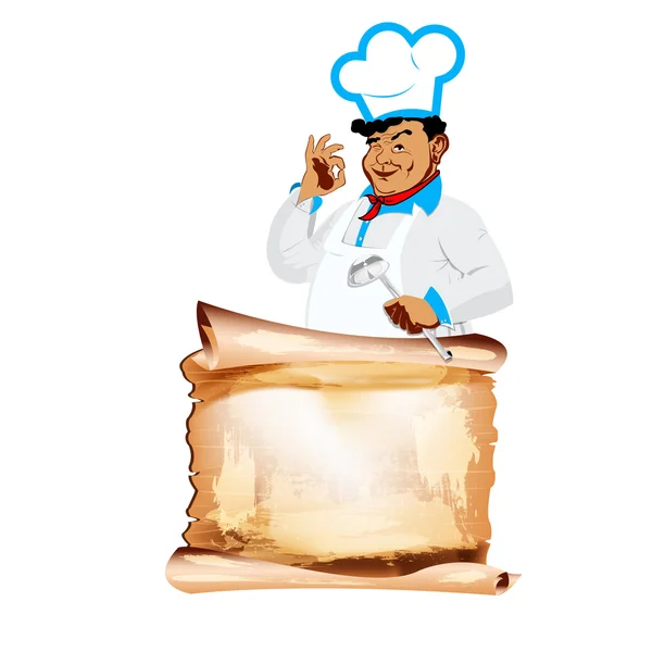 Chef feliz divertido y menú sobre un fondo blanco — Foto de Stock