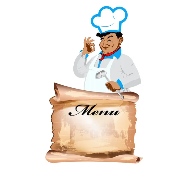 Grappige gelukkig chef-kok en menu op een witte background.vector — Stockvector