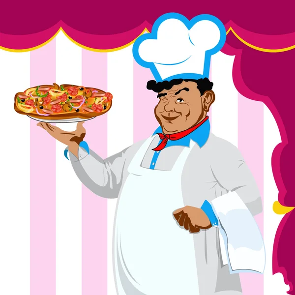 Chef divertido y pizza italiana en un fondo rosa abstracto.Vector — Archivo Imágenes Vectoriales